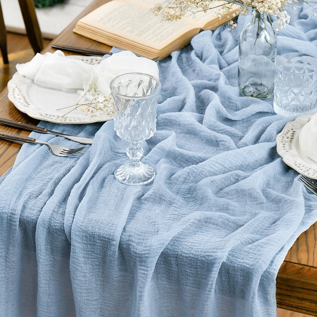 Artoid Mode Boho Sky Blue Gauze Wedding Table Runner, 300 cm